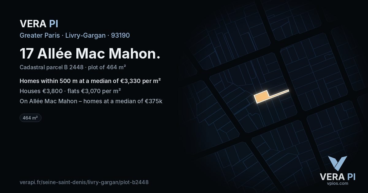 17 Allée Mac Mahon, Livry-Gargan at night – the plot lit, the parcels around coloured by the prices near them