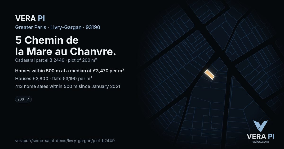 5 Chemin de la Mare au Chanvre, Livry-Gargan at night – the plot lit, the parcels around coloured by the prices near them