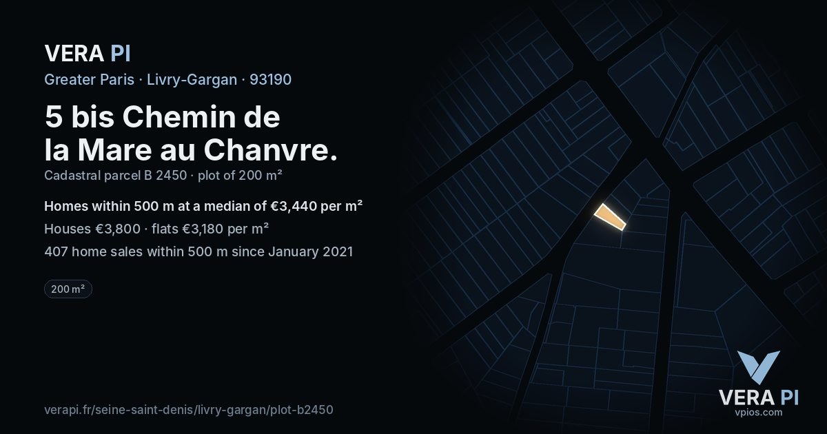 5 bis Chemin de la Mare au Chanvre, Livry-Gargan at night – the plot lit, the parcels around coloured by the prices near them