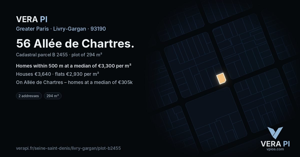 56 Allée de Chartres, Livry-Gargan at night – the plot lit, the parcels around coloured by the prices near them