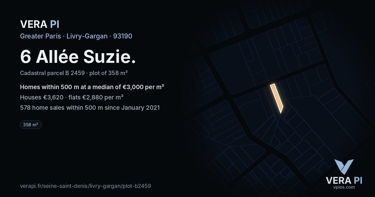 6 Allée Suzie, Livry-Gargan at night – the plot lit, the parcels around coloured by the prices near them