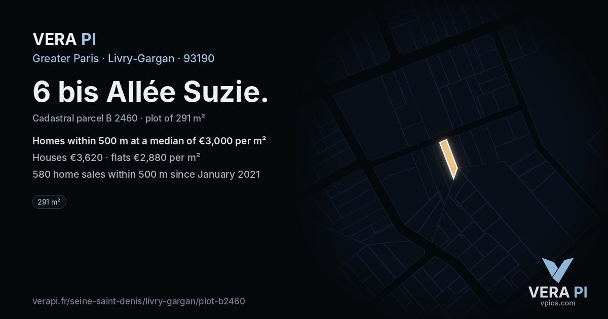 6 bis Allée Suzie, Livry-Gargan at night – the plot lit, the parcels around coloured by the prices near them