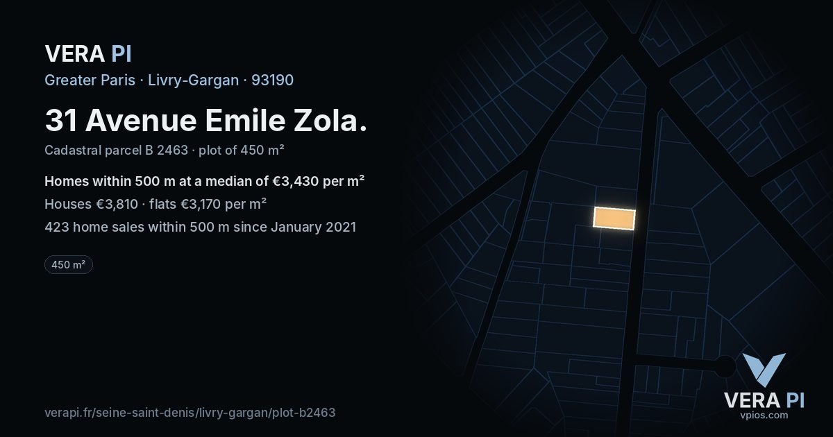 31 Avenue Emile Zola, Livry-Gargan at night – the plot lit, the parcels around coloured by the prices near them