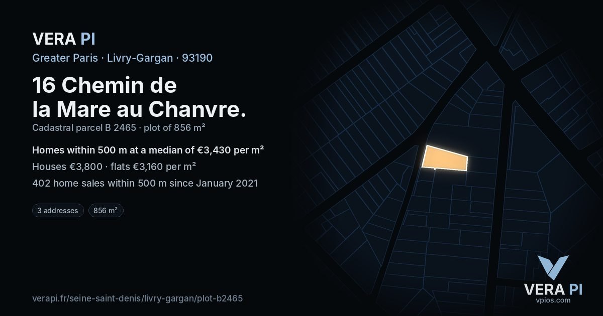 16 Chemin de la Mare au Chanvre, Livry-Gargan at night – the plot lit, the parcels around coloured by the prices near them
