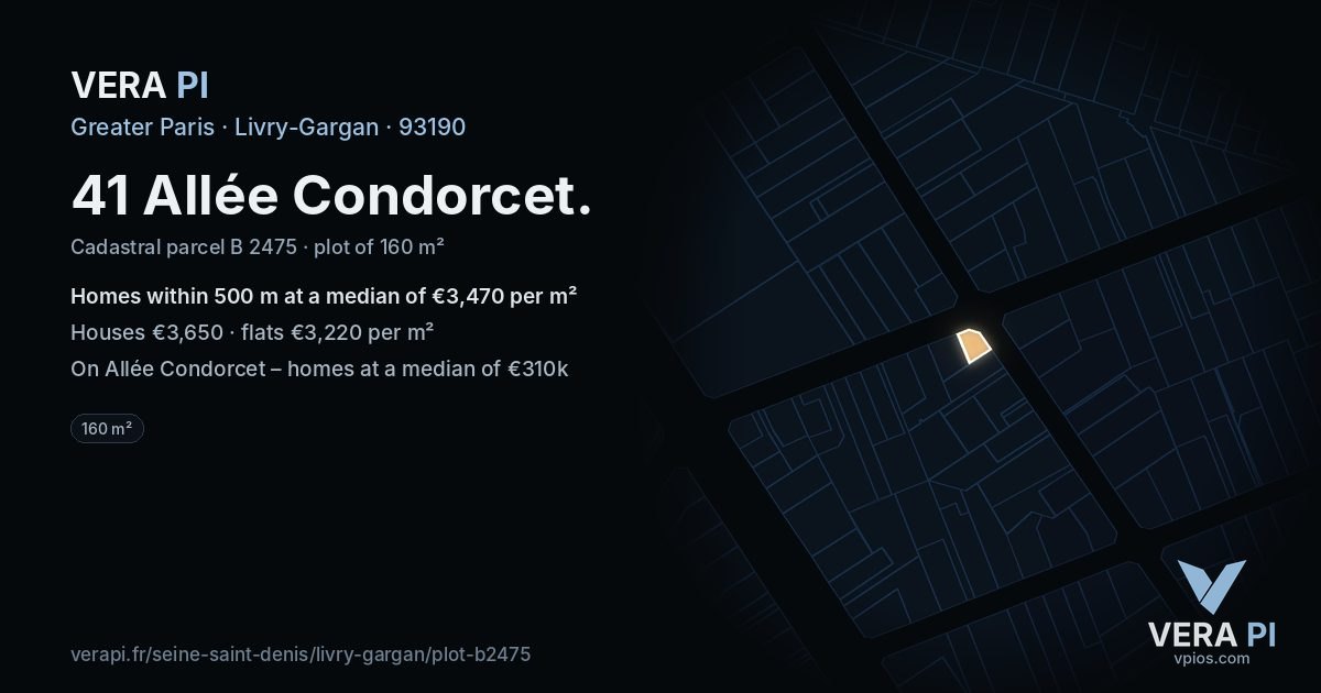 41 Allée Condorcet, Livry-Gargan at night – the plot lit, the parcels around coloured by the prices near them