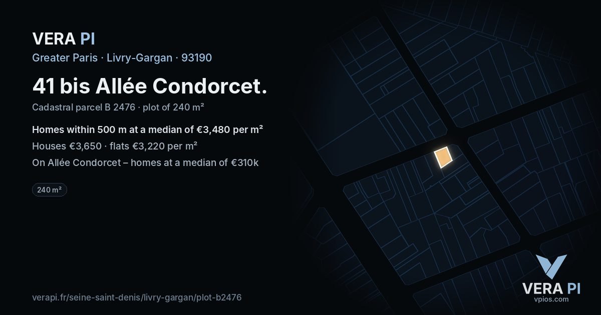 41 bis Allée Condorcet, Livry-Gargan at night – the plot lit, the parcels around coloured by the prices near them