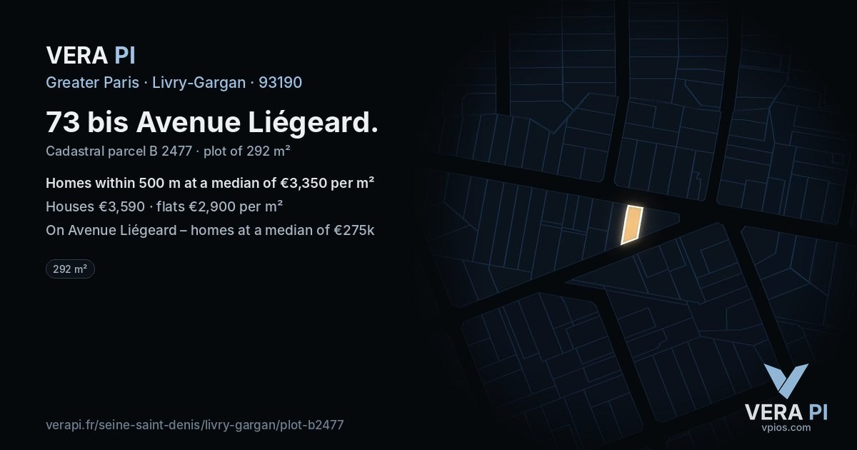 73 bis Avenue Liégeard, Livry-Gargan at night – the plot lit, the parcels around coloured by the prices near them