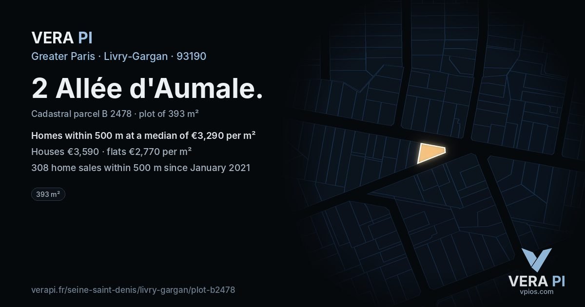 2 Allée d'Aumale, Livry-Gargan at night – the plot lit, the parcels around coloured by the prices near them