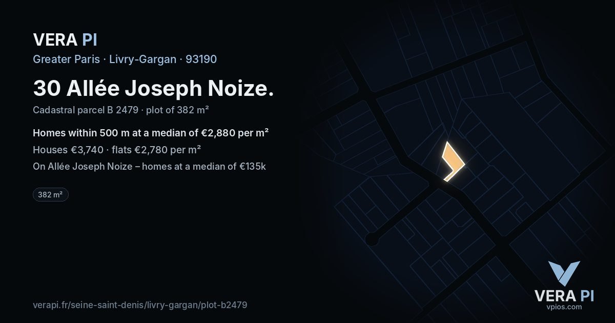 30 Allée Joseph Noize, Livry-Gargan at night – the plot lit, the parcels around coloured by the prices near them