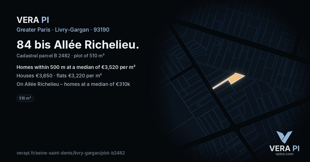 84 bis Allée Richelieu, Livry-Gargan at night – the plot lit, the parcels around coloured by the prices near them