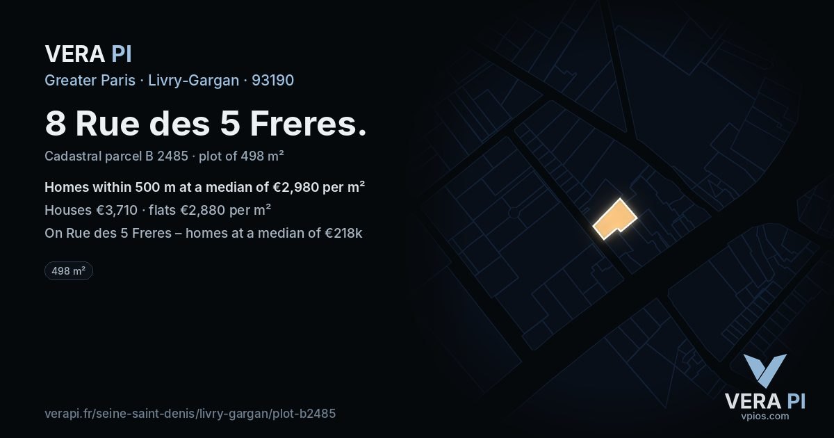 8 Rue des 5 Freres, Livry-Gargan at night – the plot lit, the parcels around coloured by the prices near them