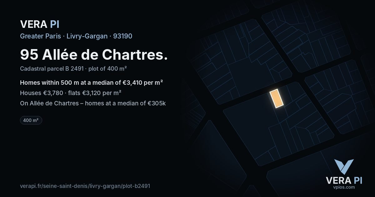 95 Allée de Chartres, Livry-Gargan at night – the plot lit, the parcels around coloured by the prices near them