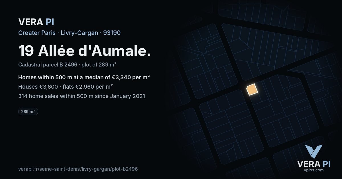 19 Allée d'Aumale, Livry-Gargan at night – the plot lit, the parcels around coloured by the prices near them