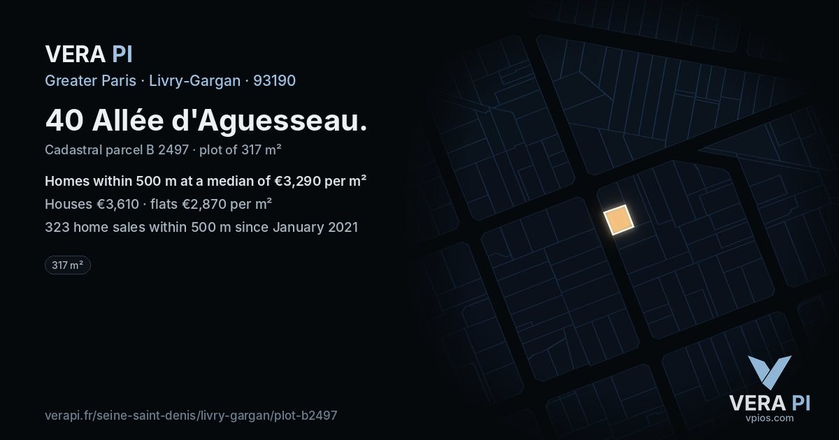 40 Allée d'Aguesseau, Livry-Gargan at night – the plot lit, the parcels around coloured by the prices near them