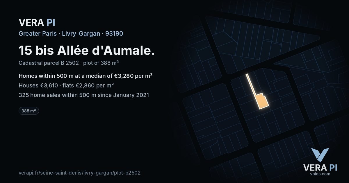 15 bis Allée d'Aumale, Livry-Gargan at night – the plot lit, the parcels around coloured by the prices near them