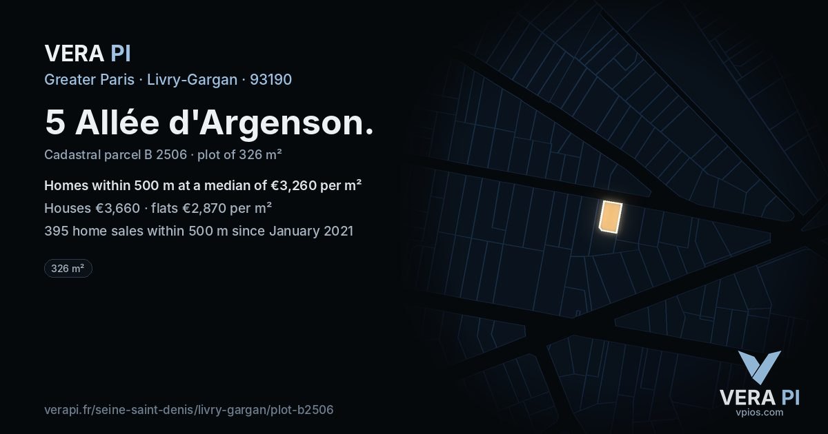 5 Allée d'Argenson, Livry-Gargan at night – the plot lit, the parcels around coloured by the prices near them