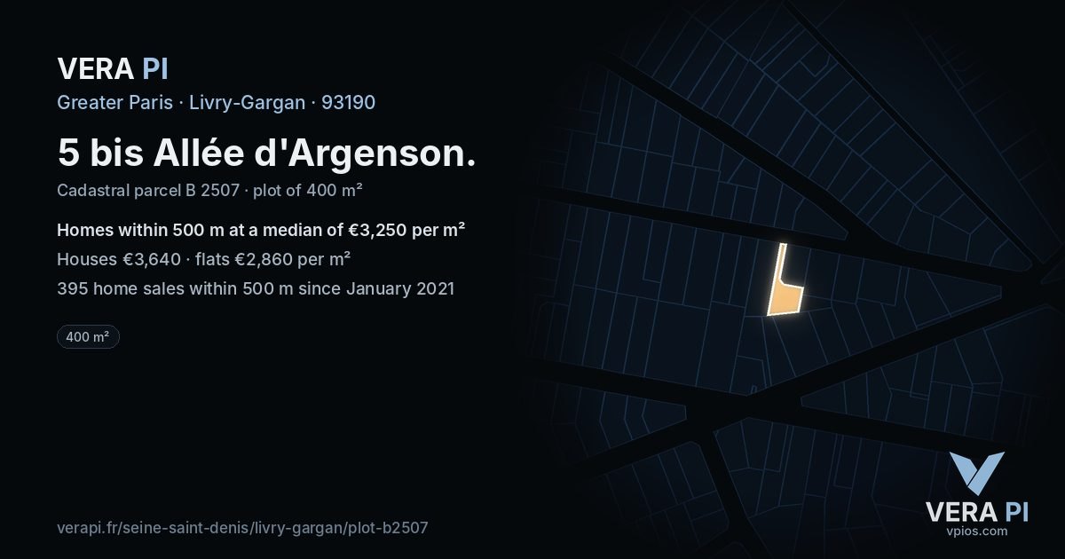 5 bis Allée d'Argenson, Livry-Gargan at night – the plot lit, the parcels around coloured by the prices near them