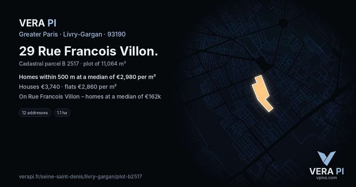 29 Rue Francois Villon, Livry-Gargan at night – the plot lit, the parcels around coloured by the prices near them