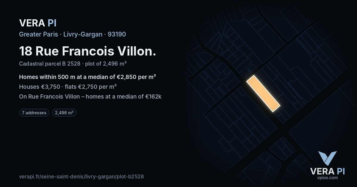 18 Rue Francois Villon, Livry-Gargan at night – the plot lit, the parcels around coloured by the prices near them