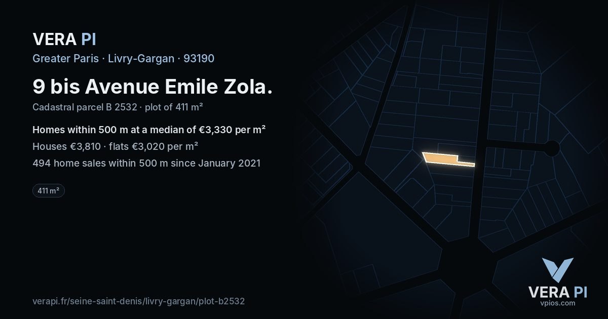 9 bis Avenue Emile Zola, Livry-Gargan at night – the plot lit, the parcels around coloured by the prices near them