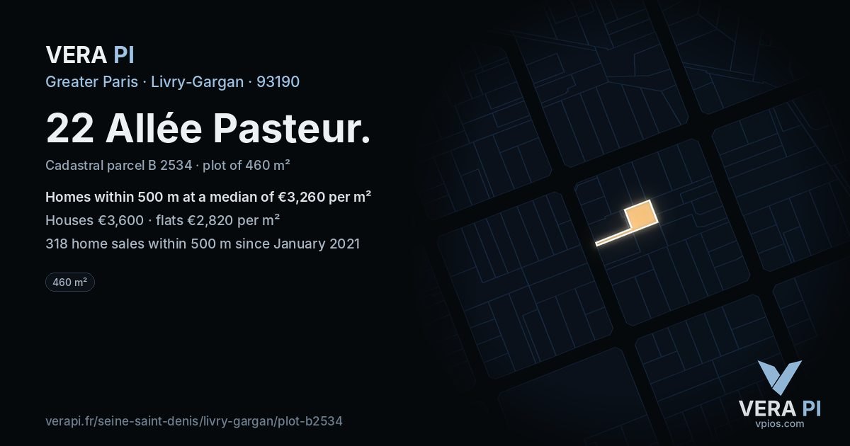 22 Allée Pasteur, Livry-Gargan at night – the plot lit, the parcels around coloured by the prices near them