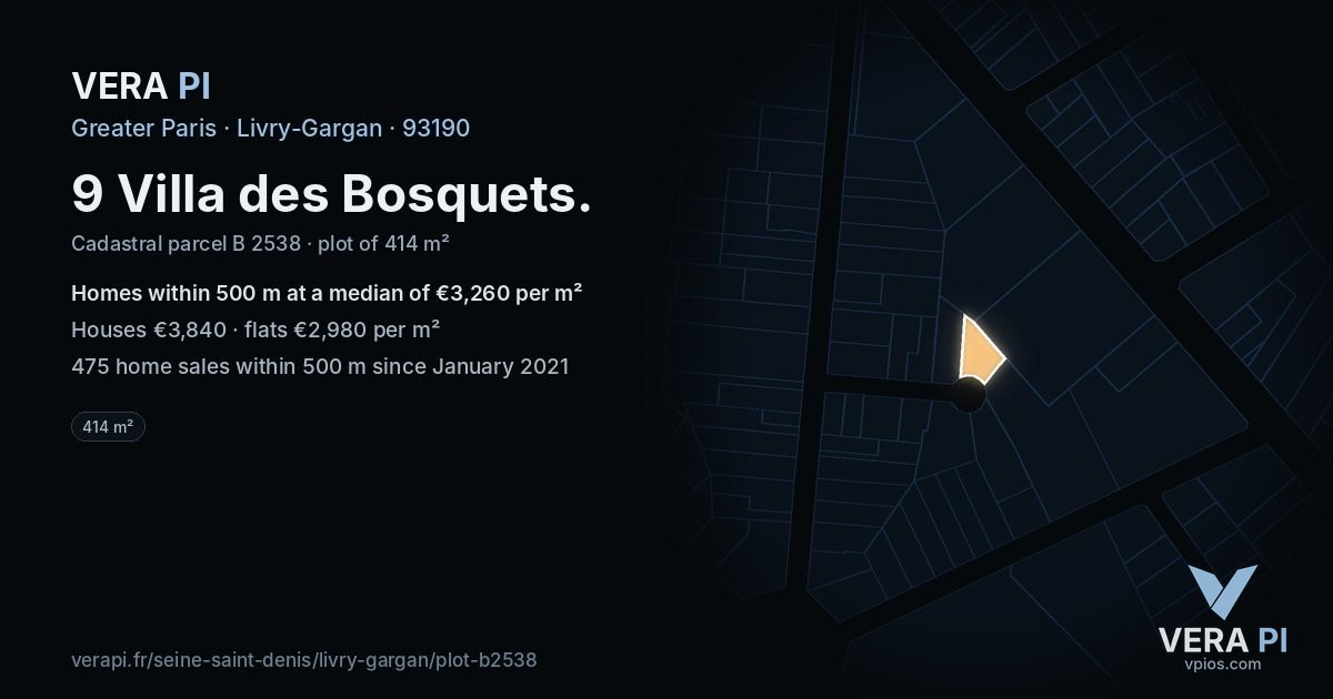 9 Villa des Bosquets, Livry-Gargan at night – the plot lit, the parcels around coloured by the prices near them