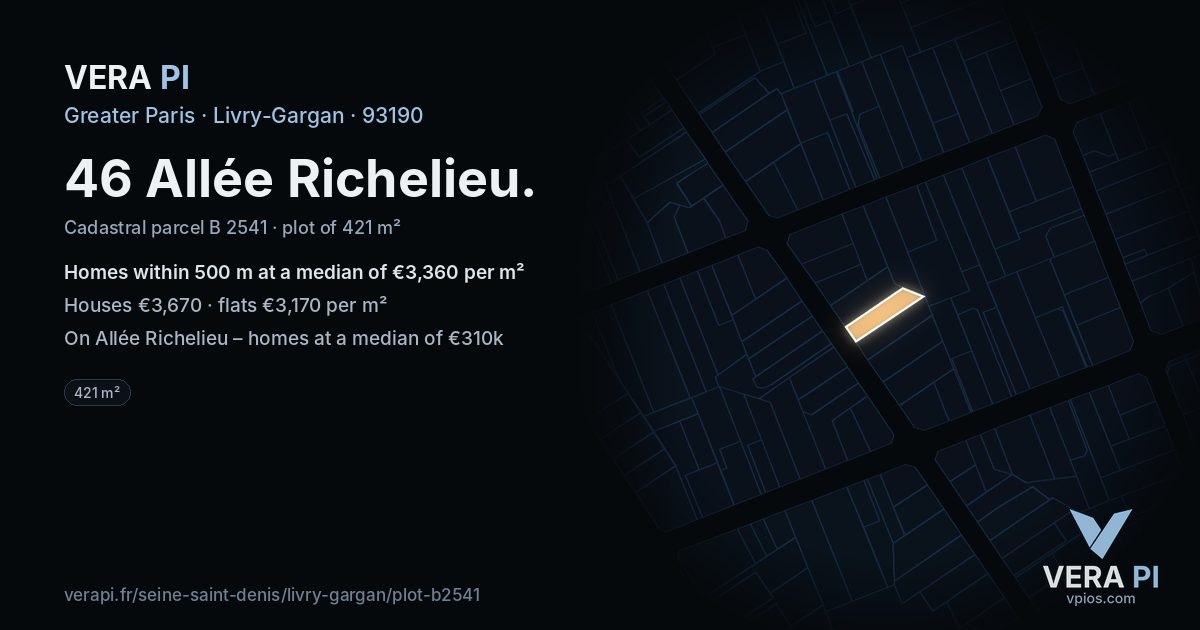 46 Allée Richelieu, Livry-Gargan at night – the plot lit, the parcels around coloured by the prices near them