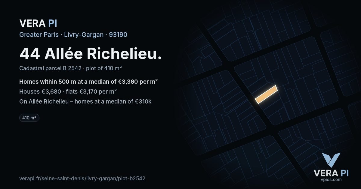 44 Allée Richelieu, Livry-Gargan at night – the plot lit, the parcels around coloured by the prices near them