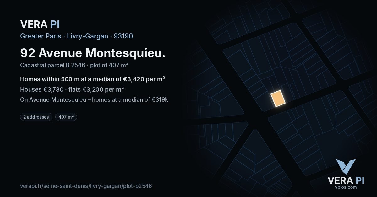 92 Avenue Montesquieu, Livry-Gargan at night – the plot lit, the parcels around coloured by the prices near them