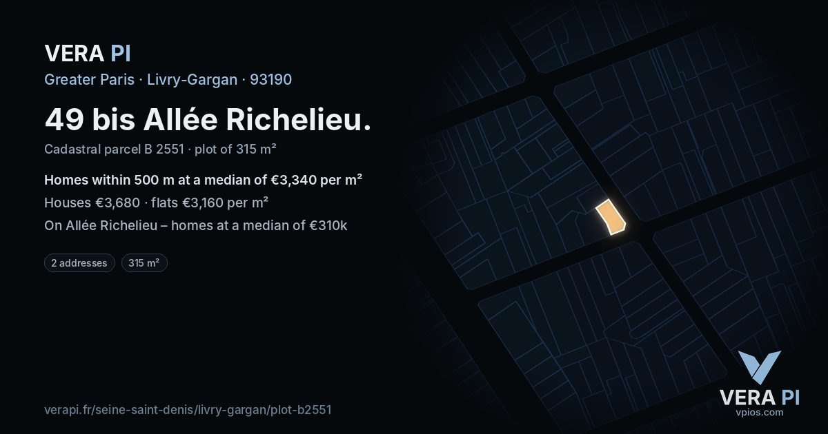49 bis Allée Richelieu, Livry-Gargan at night – the plot lit, the parcels around coloured by the prices near them
