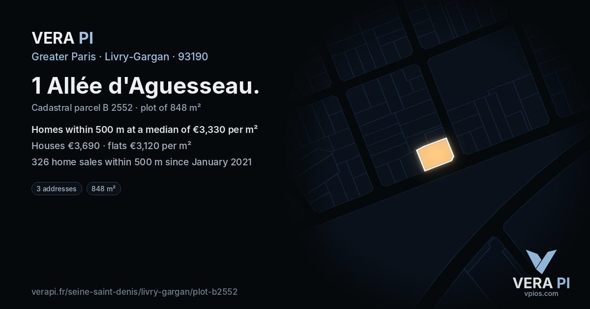 1 Allée d'Aguesseau, Livry-Gargan at night – the plot lit, the parcels around coloured by the prices near them