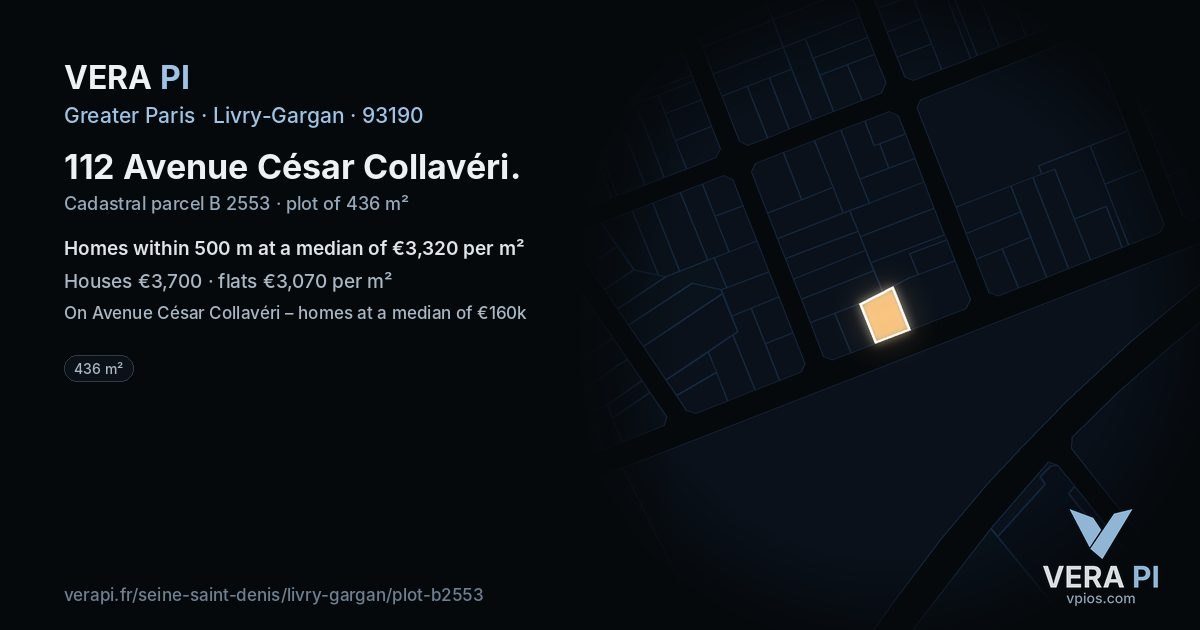112 Avenue César Collavéri, Livry-Gargan at night – the plot lit, the parcels around coloured by the prices near them