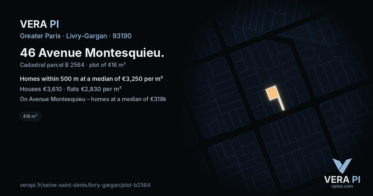 46 Avenue Montesquieu, Livry-Gargan at night – the plot lit, the parcels around coloured by the prices near them