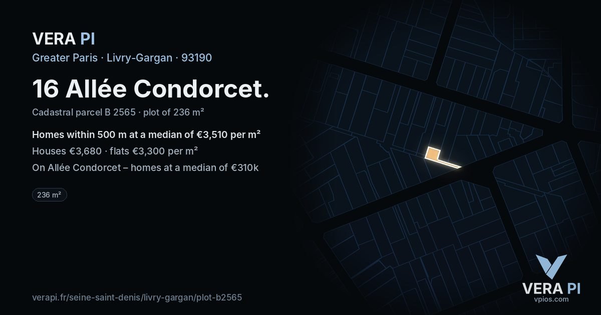 16 Allée Condorcet, Livry-Gargan at night – the plot lit, the parcels around coloured by the prices near them