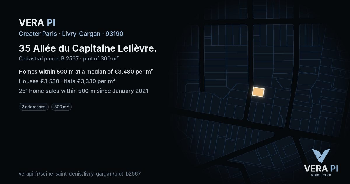 35 Allée du Capitaine Lelièvre, Livry-Gargan at night – the plot lit, the parcels around coloured by the prices near them