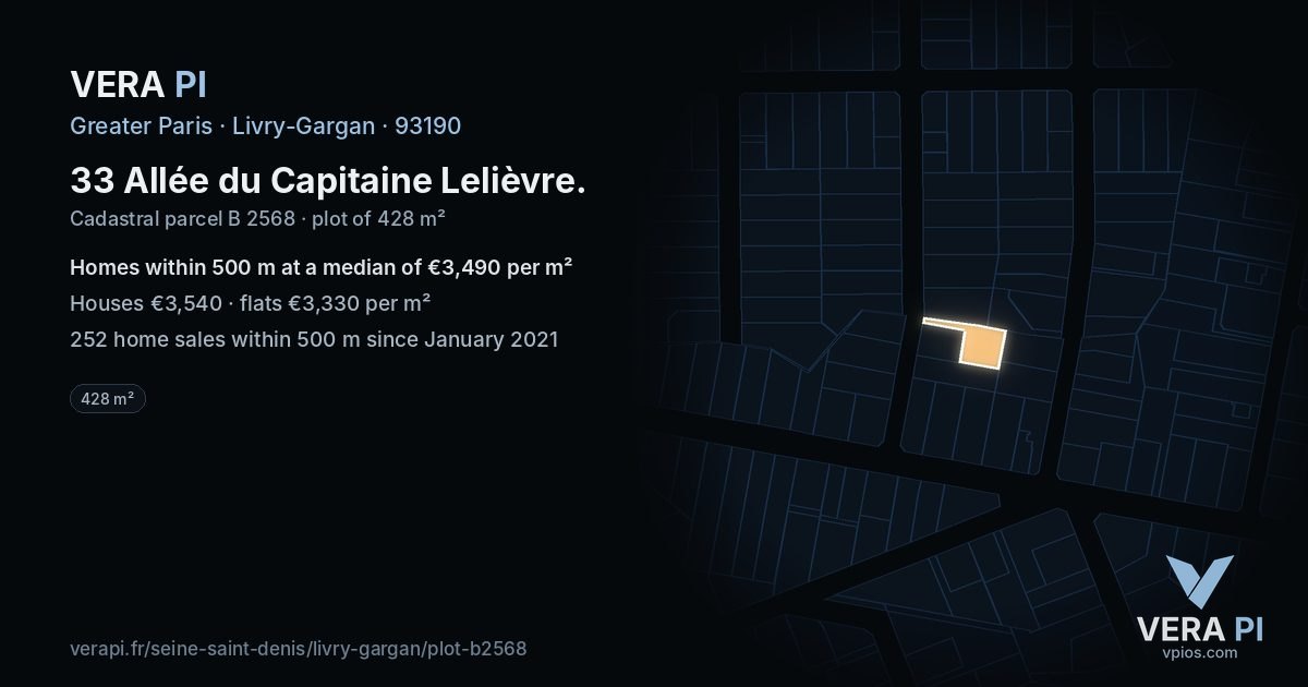 33 Allée du Capitaine Lelièvre, Livry-Gargan at night – the plot lit, the parcels around coloured by the prices near them