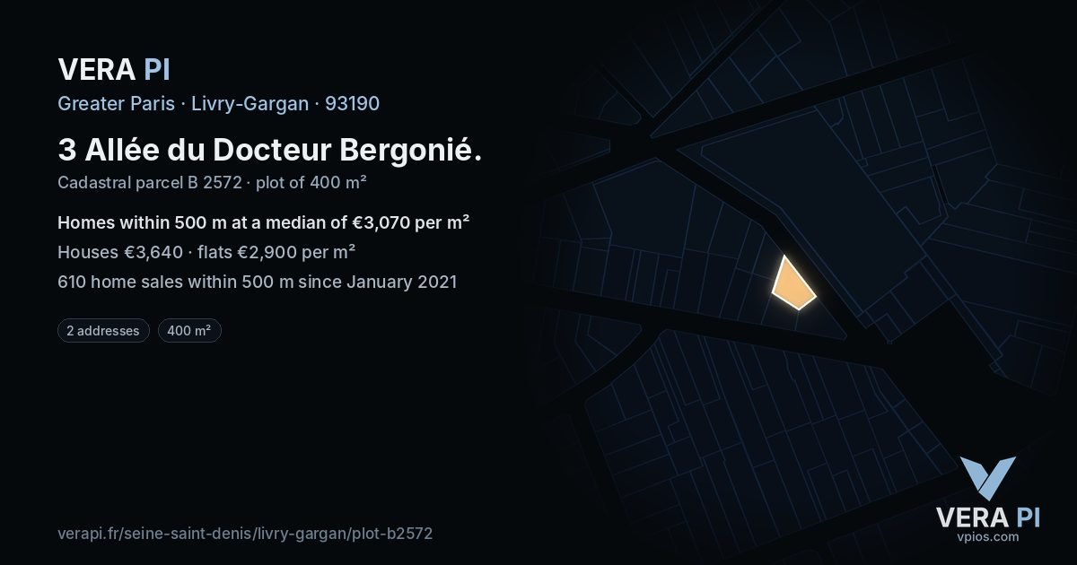 3 Allée du Docteur Bergonié, Livry-Gargan at night – the plot lit, the parcels around coloured by the prices near them