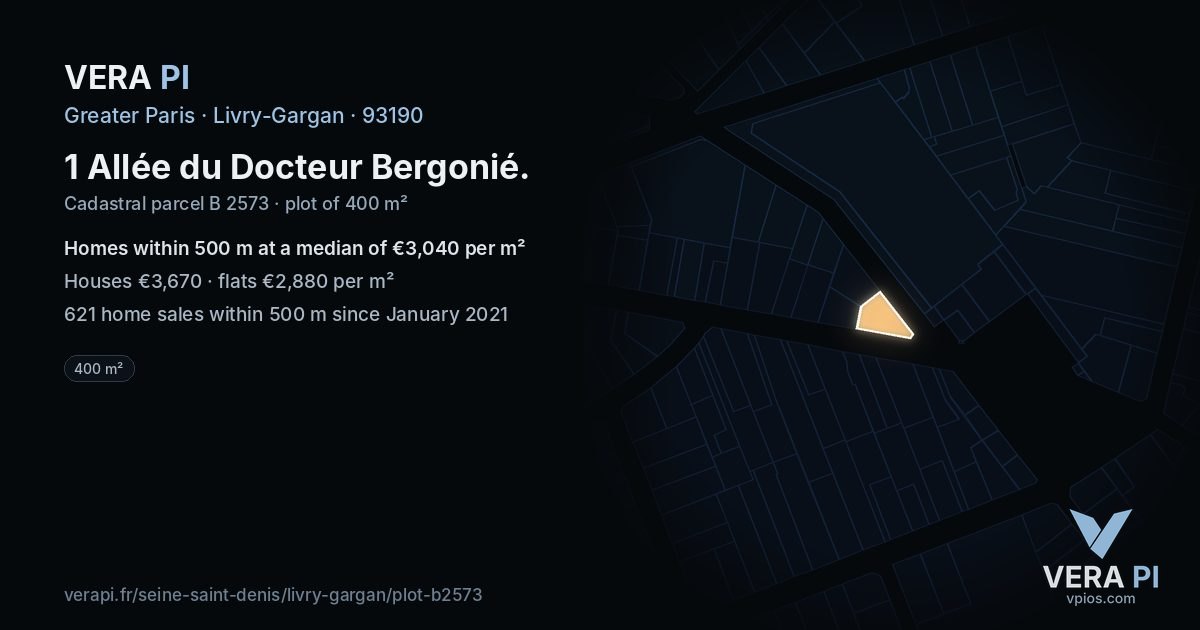 1 Allée du Docteur Bergonié, Livry-Gargan at night – the plot lit, the parcels around coloured by the prices near them