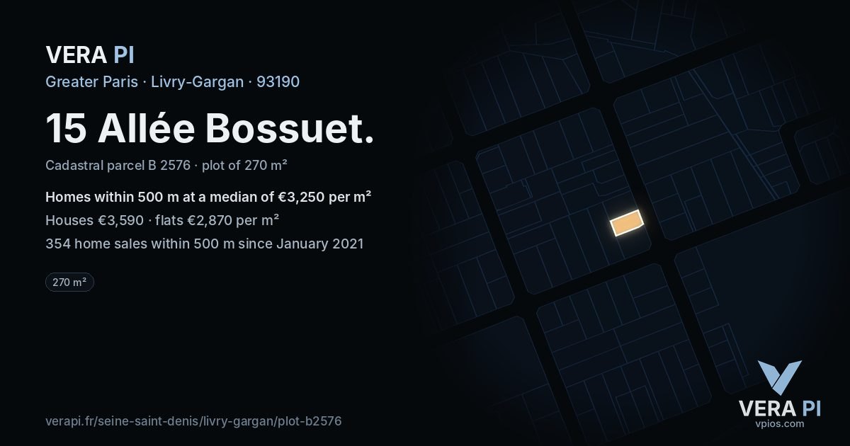 15 Allée Bossuet, Livry-Gargan at night – the plot lit, the parcels around coloured by the prices near them
