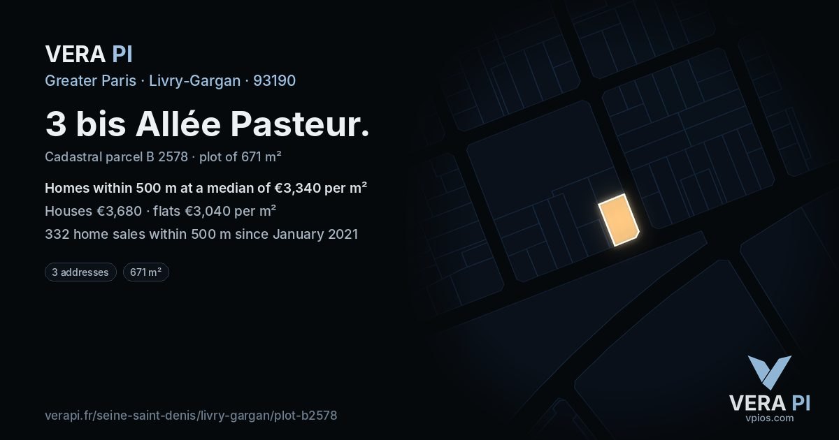 3 bis Allée Pasteur, Livry-Gargan at night – the plot lit, the parcels around coloured by the prices near them