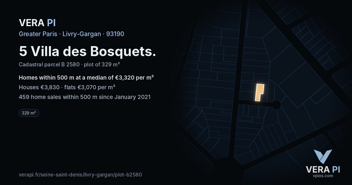 5 Villa des Bosquets, Livry-Gargan at night – the plot lit, the parcels around coloured by the prices near them