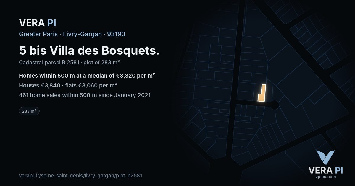 5 bis Villa des Bosquets, Livry-Gargan at night – the plot lit, the parcels around coloured by the prices near them