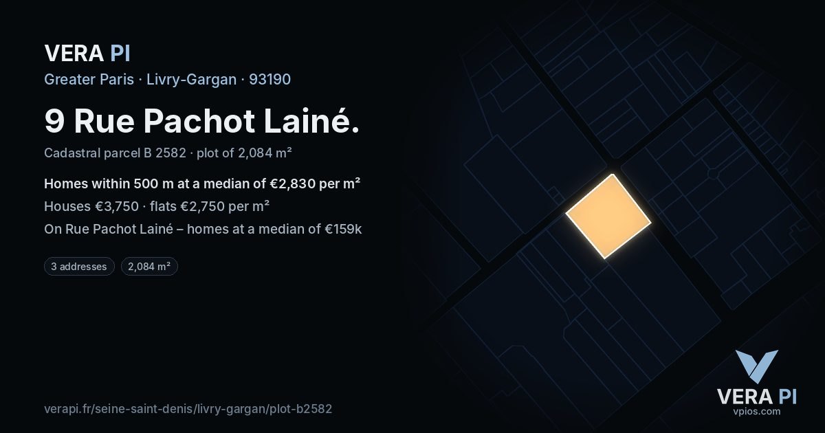 9 Rue Pachot Lainé, Livry-Gargan at night – the plot lit, the parcels around coloured by the prices near them