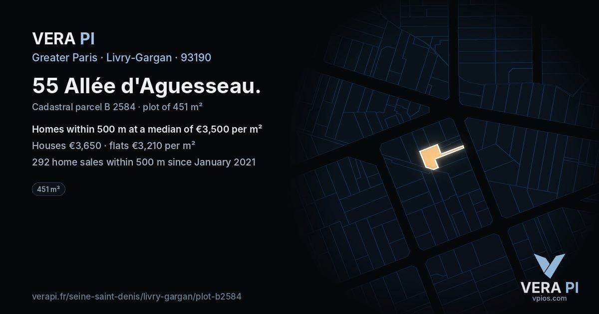 55 Allée d'Aguesseau, Livry-Gargan at night – the plot lit, the parcels around coloured by the prices near them