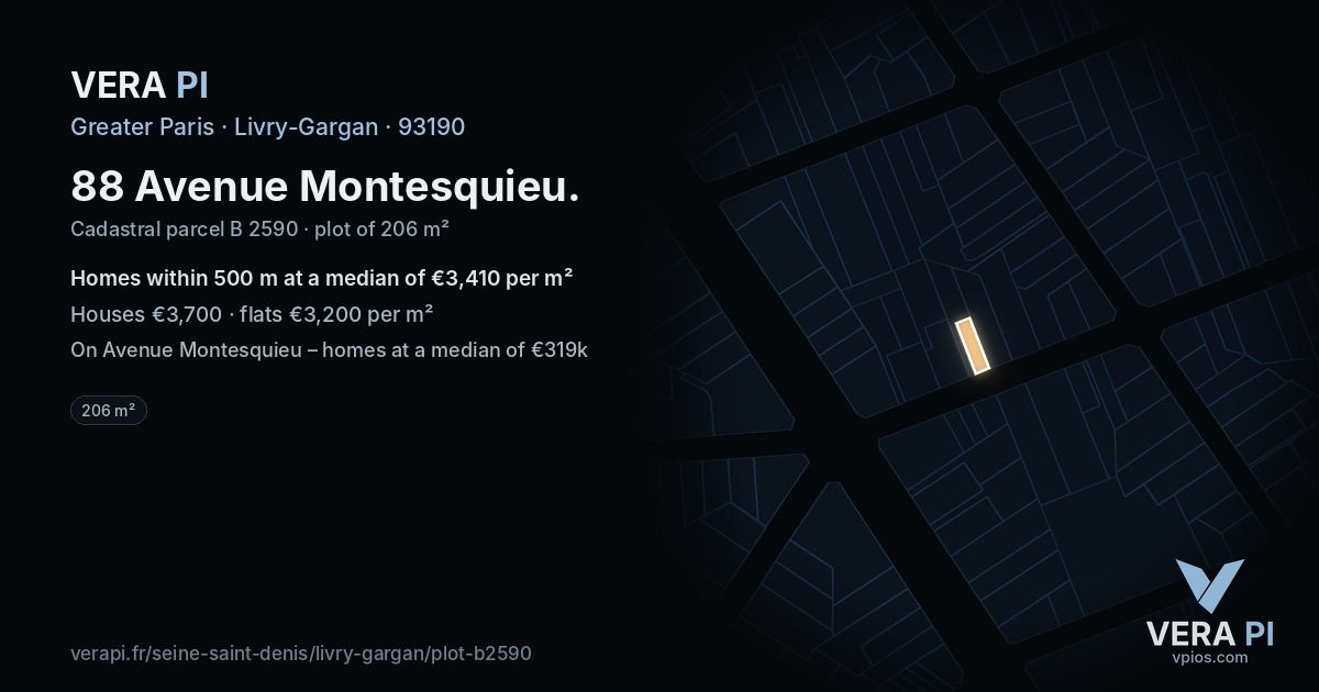 88 Avenue Montesquieu, Livry-Gargan at night – the plot lit, the parcels around coloured by the prices near them