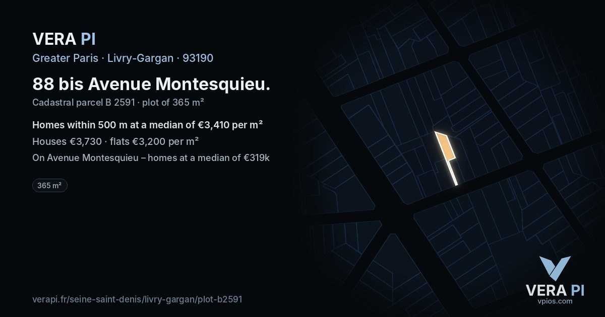 88 bis Avenue Montesquieu, Livry-Gargan at night – the plot lit, the parcels around coloured by the prices near them