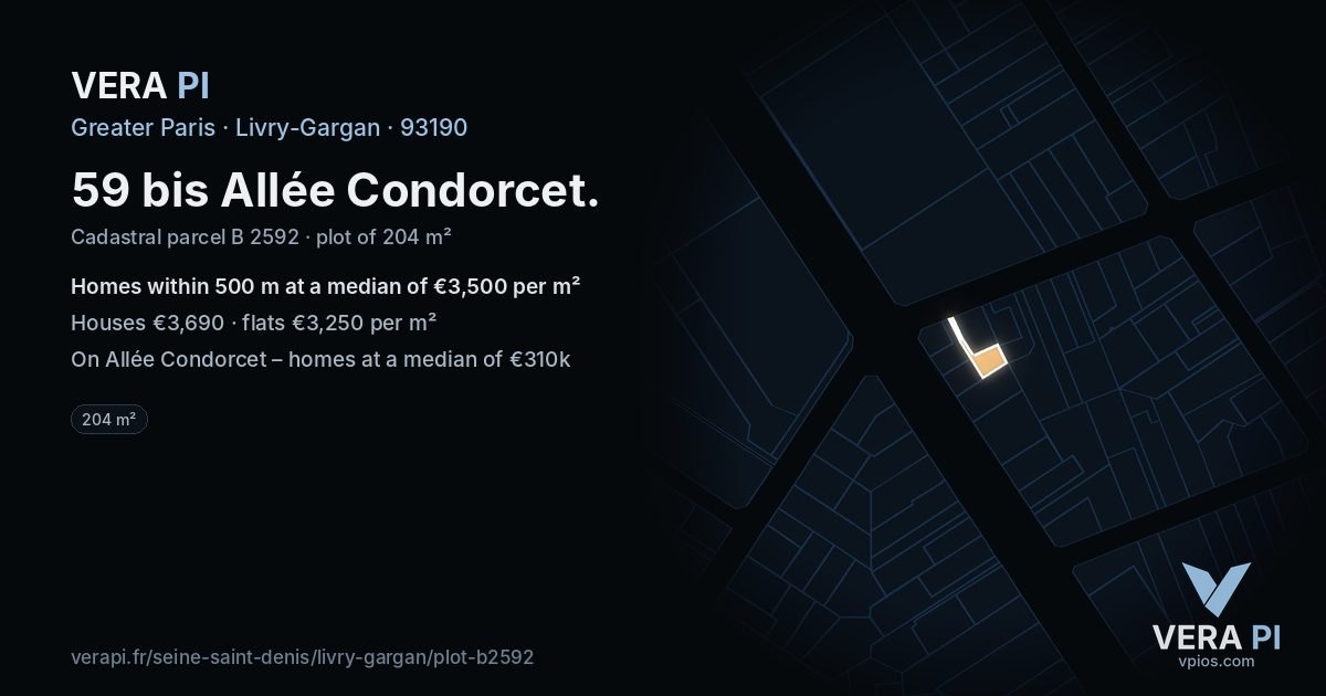 59 bis Allée Condorcet, Livry-Gargan at night – the plot lit, the parcels around coloured by the prices near them