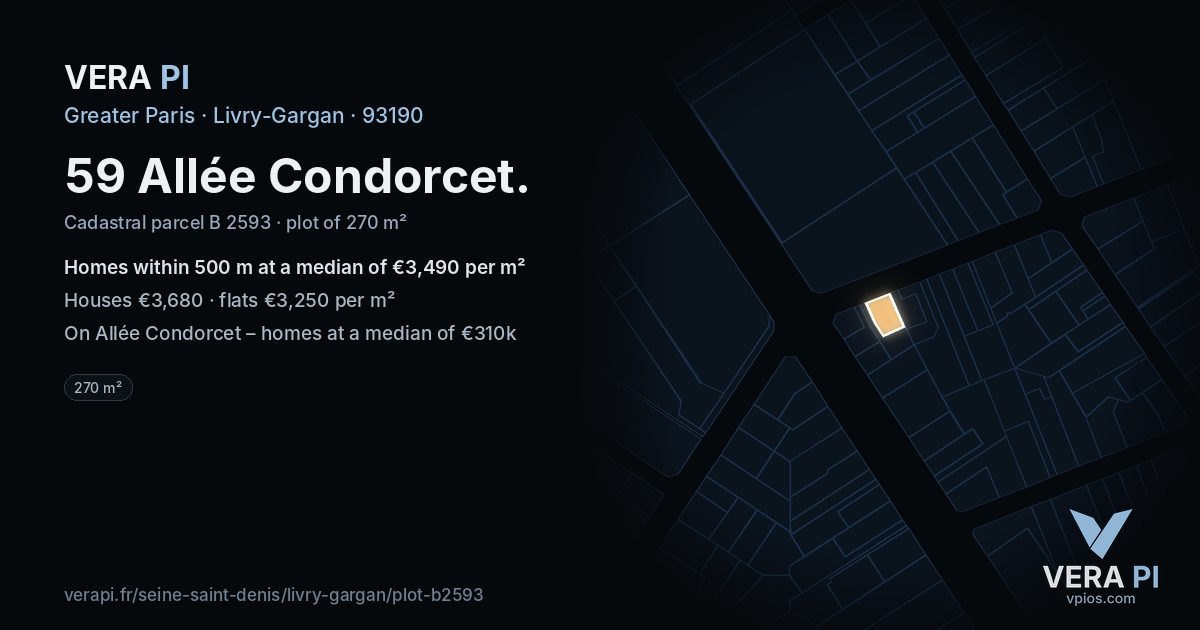 59 Allée Condorcet, Livry-Gargan at night – the plot lit, the parcels around coloured by the prices near them