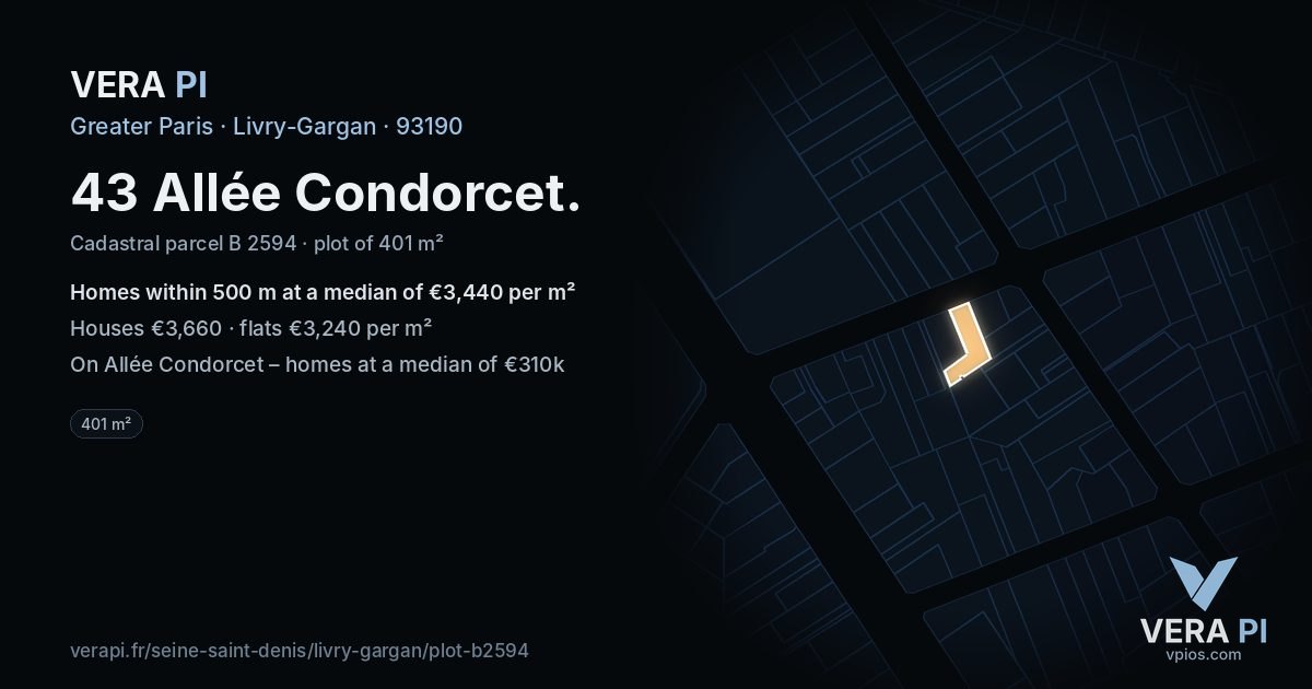 43 Allée Condorcet, Livry-Gargan at night – the plot lit, the parcels around coloured by the prices near them