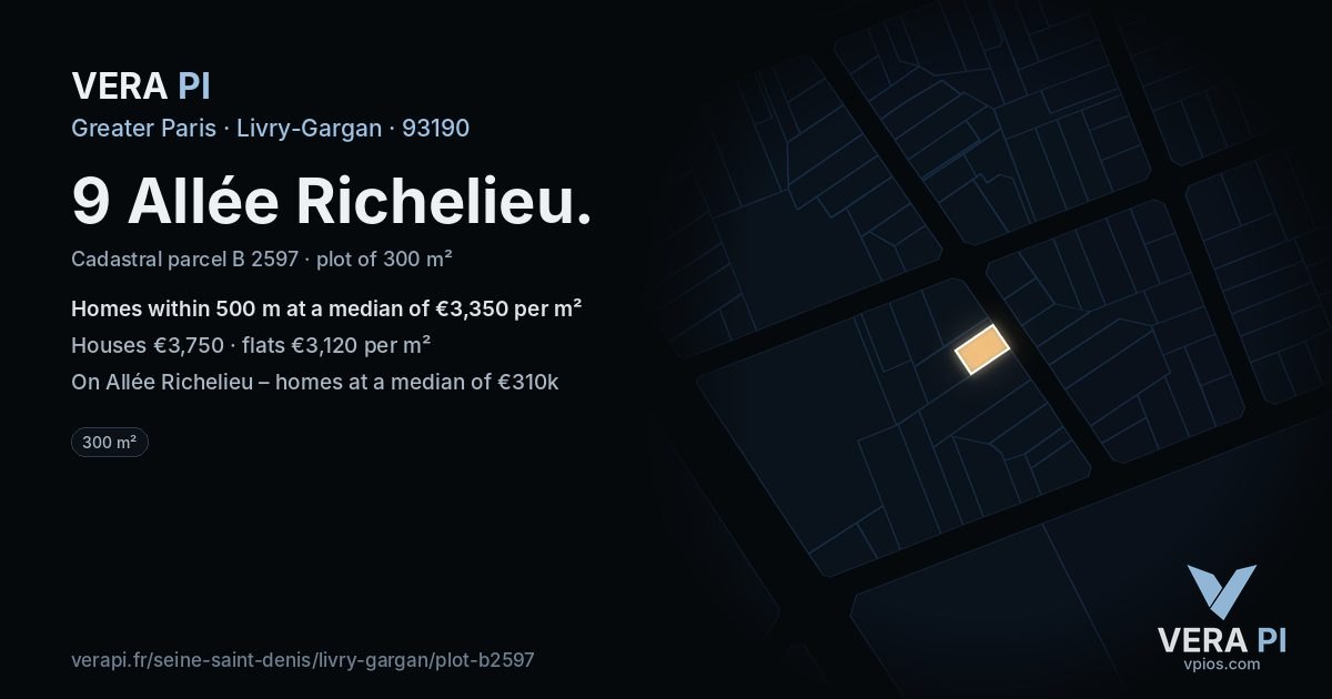 9 Allée Richelieu, Livry-Gargan at night – the plot lit, the parcels around coloured by the prices near them